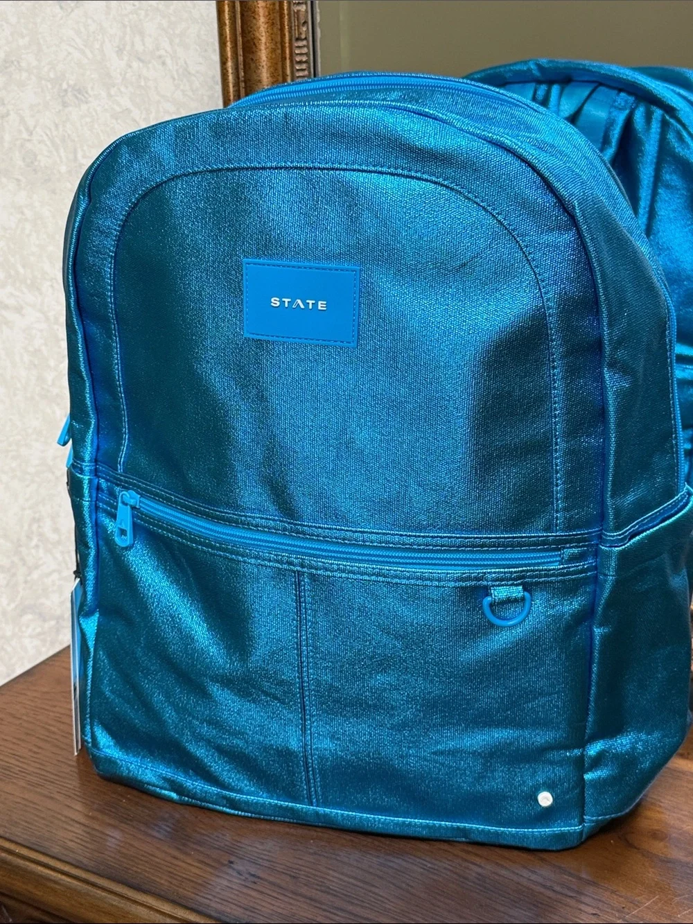 STATE Teal Metallic Kane Kids Large Backpack.